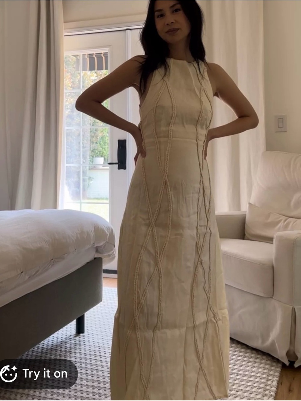 VRG GRL NWT Stitched Trim 100% Linen Maxi Dress in Cream/Oat, USA 8
